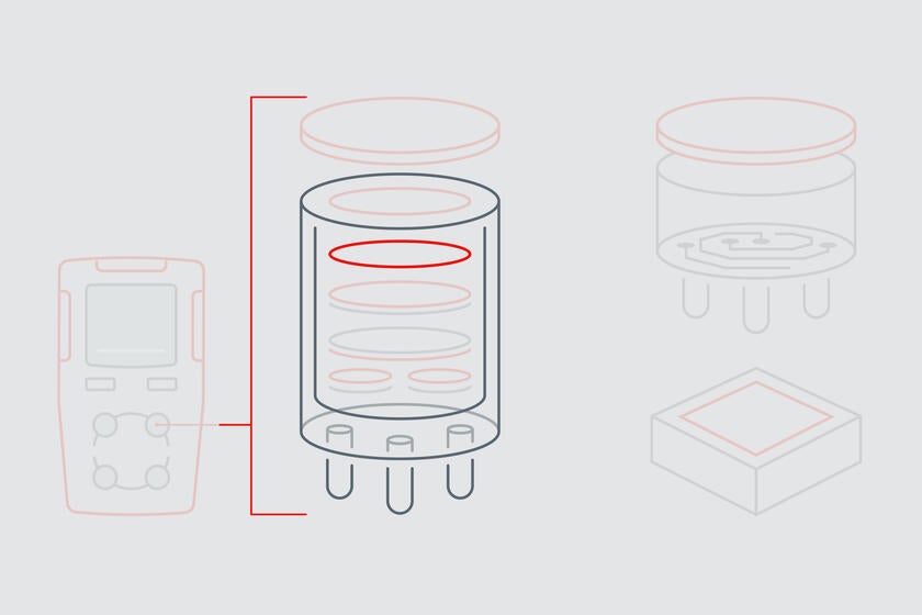 Die Infografik hebt den Dichtring hervor, der im Sensorstapel eines elektrochemischen Gassensors als zusätzliche Dichtung zum Einsatz kommt.